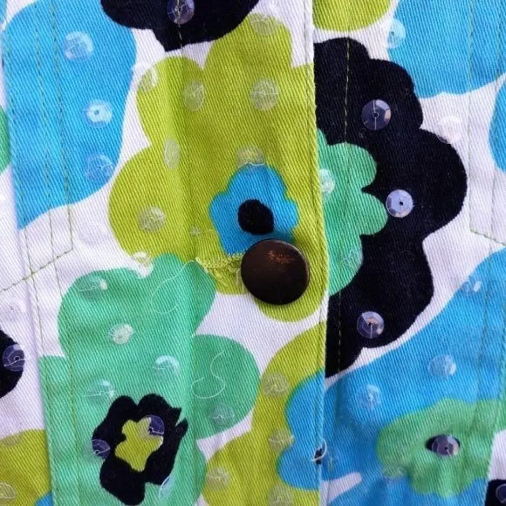 Whimsical 70's Flower Sequin Shaket Jean Jacket Floral Button Down Pockets Sz 10